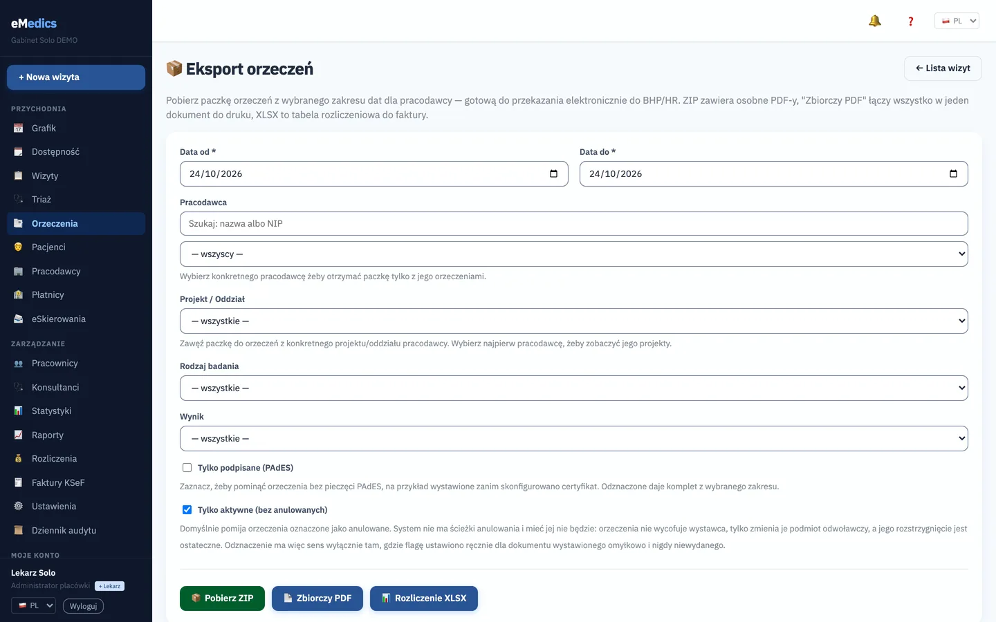 Ekran Eksport orzeczeń w eMedics: zakres dat, pracodawca, wynik i przyciski ZIP, zbiorczy PDF, rozliczenie XLSX