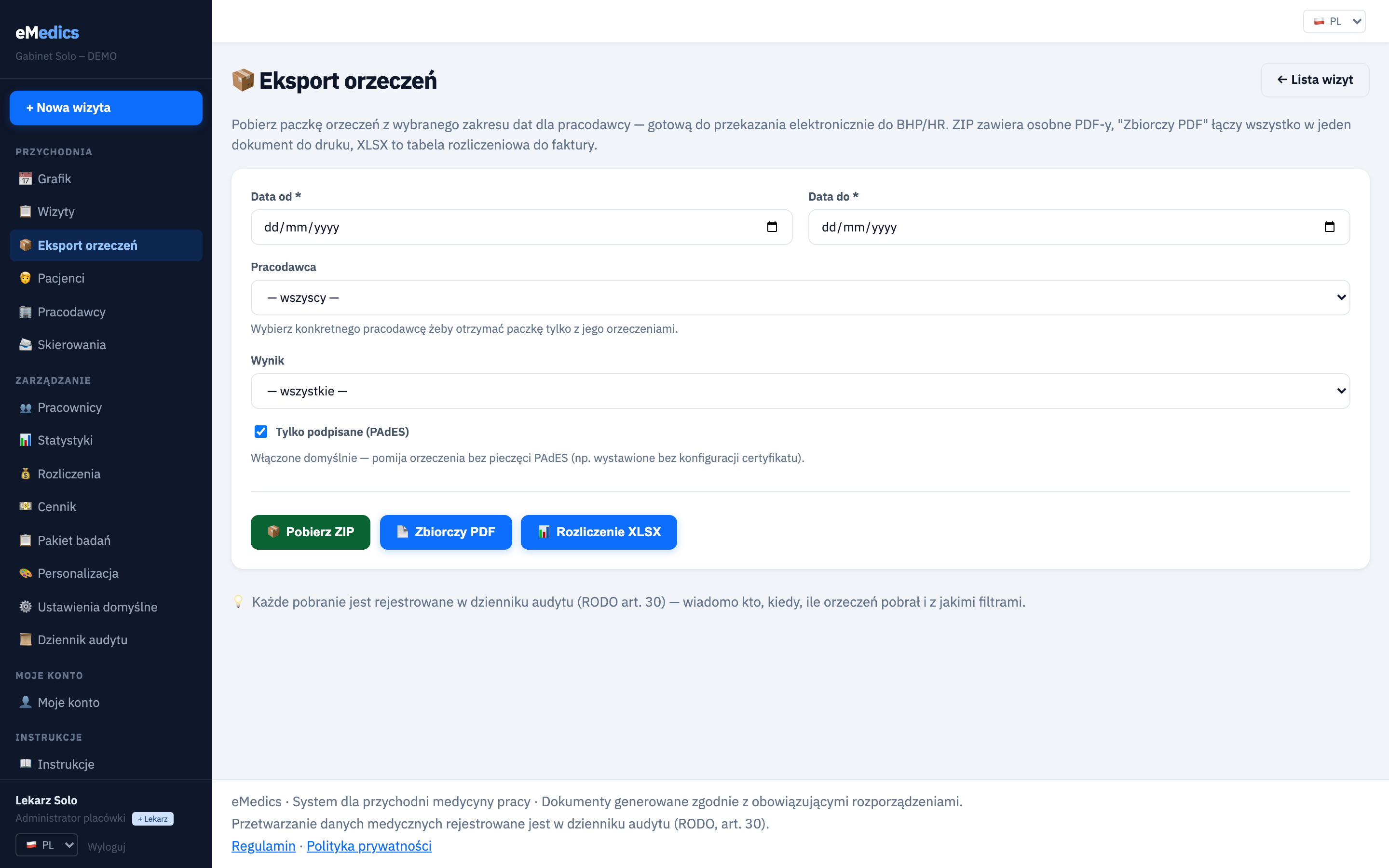 Eksport zbiorczy orzeczeń ZIP/PDF/XLSX