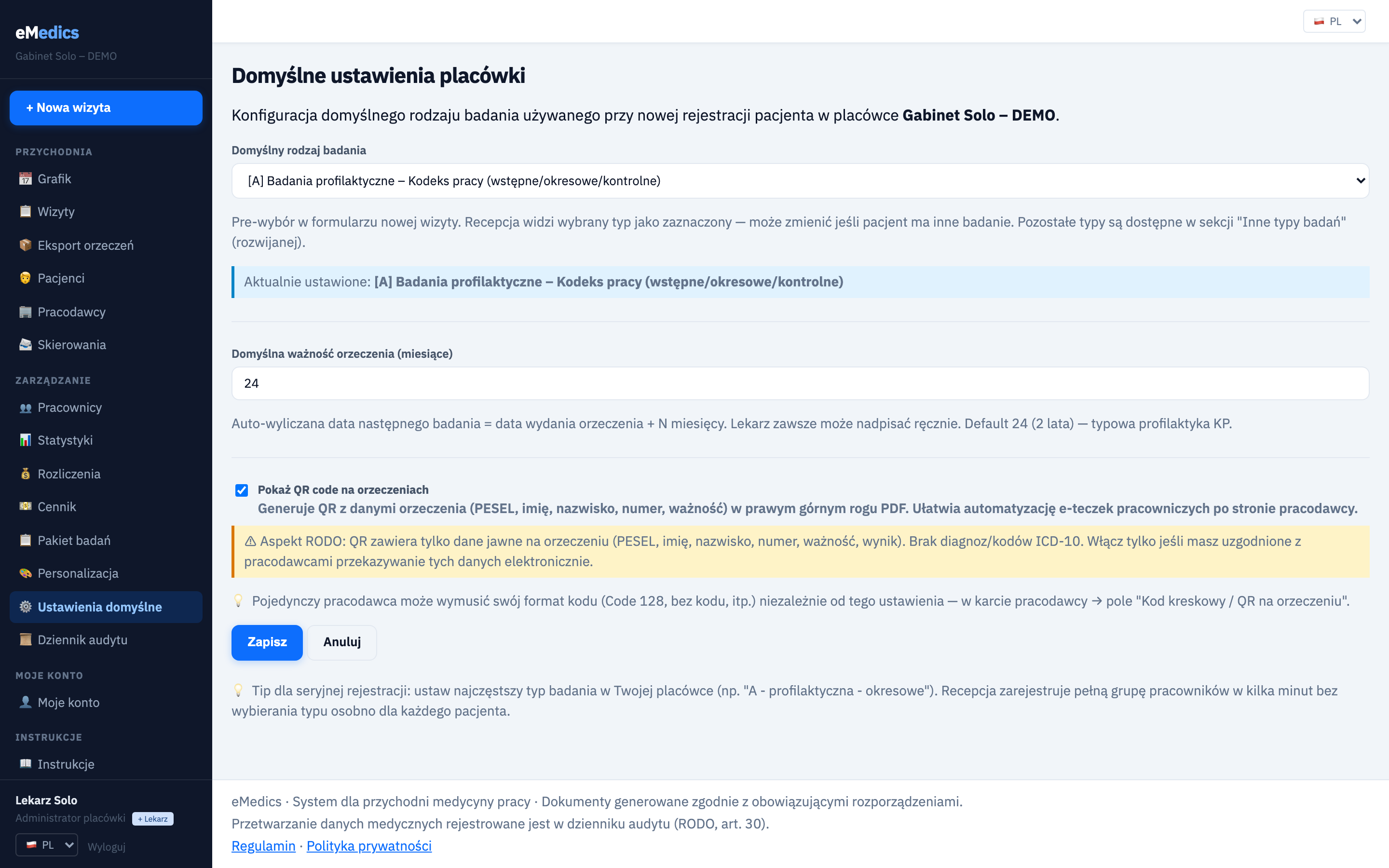 Ustawienia domyślne placówki — typ badania, ważność, QR
